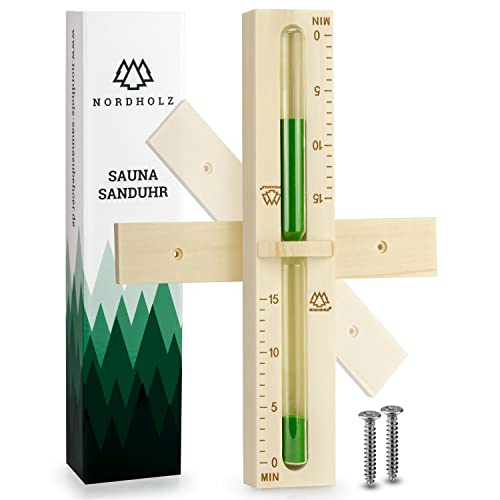 NORDHOLZ Sauna Sanduhr 15 Minuten aus 100% nordischer Fichte - Glas robust & hitzebeständig - Kontrastfarbe Grün + 2...